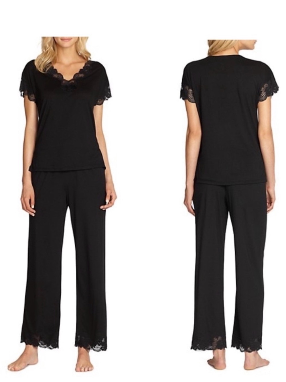Natori Zen Black Lace-Trim Pajama Set XL